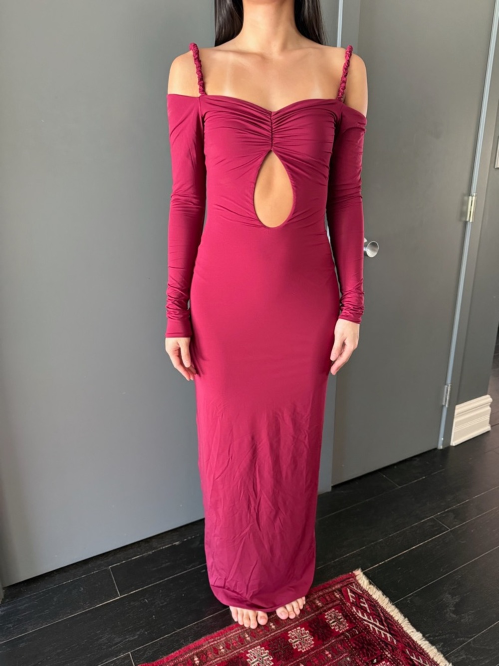 Off-Shoulder Long Sleeve Maxi Dress with Front Keyhole in Wine
